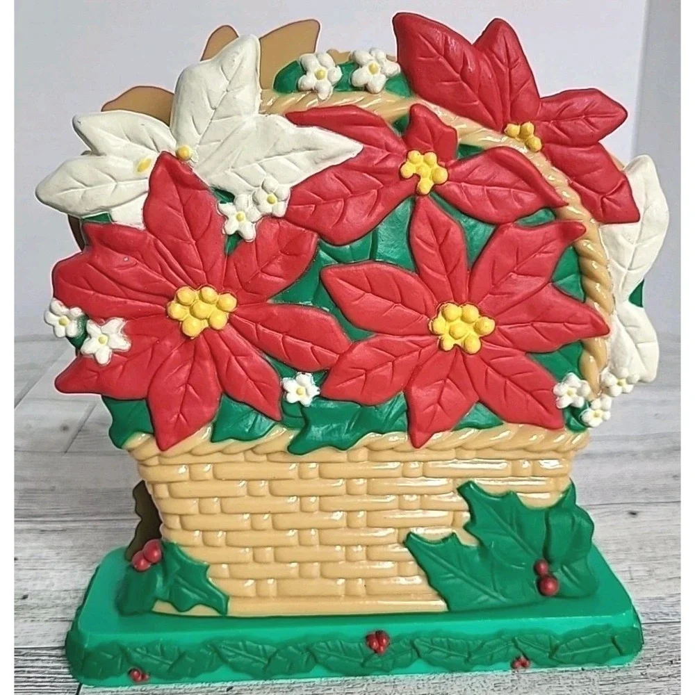 Vintage Avon Christmas Napkin Card Holder‎ POINSETTIA Basket Shape Hard Plastic